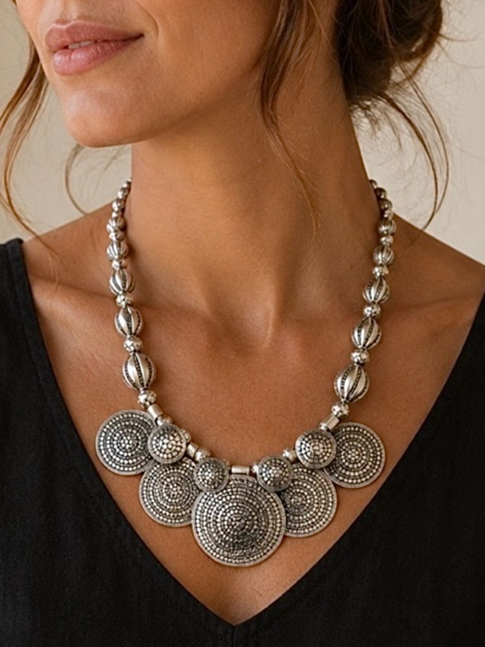 St. Thomas Bib Necklace Medallion Silver Tone Boho Statement